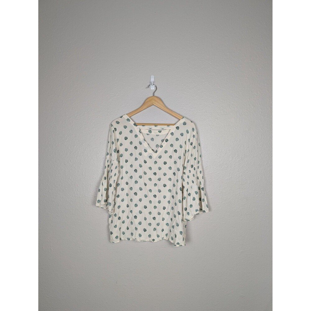 Loft‎ White Green Leaf Print Blouse Large V Neck